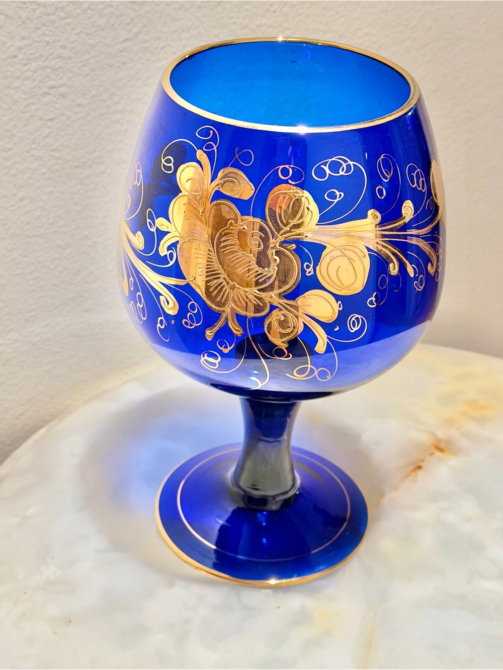 Designer Bohemian Cobalt & Gold Hand Blown & Painted art glass large goblet dish